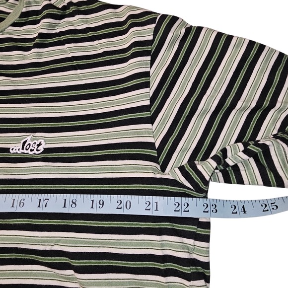 90s Style Cropped Lost striped t-shirt XL green black white short sleeve YK2 - Picture 3 of 4